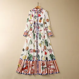 2023 Summer Multicolor Fruits Print Belted Dress Long Sleeve Lapel Neck-knappar Single-Breasted Long Casual Dresses S3W110511