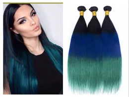 1B Blue Teal Ombre Brazilian Hair Weave Dark Roots Three Tone Colored Human Hair Extensions Straight Virgin Ombre Hair Bundles 3P4512098