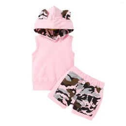 Одежда наборов одежды Opperiaya малыш Дети Дети Дети девочки с двумя частями летняя одежда набор розовый камуфляж с печеной шорты с капюшоном с камуфляцией