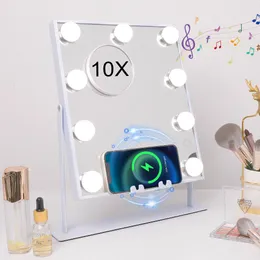 Макияж тщеславие зеркало с освещением Bluetooth беспроводная зарядная табличка металлическая белая