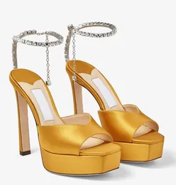 Verano de lujo Saeda Plataforma Sandalias Zapatos Mujer Correas de cadena de cristal Punta abierta Tacones altos Fiesta Boda Calzado Glitter Sole Lady Comfort Walking