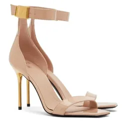 Summer Fashion Women Uma Sandals Shoes Calfskin Leather Justerbar ankel Strap Logo-Gengraved Gold-Tone Hardware High Heels Party Wedding EU35-43