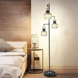 Freestanding Floor Lamp Retro Floor Lamp,3 Light Hanging Cage Shape,Farmhouse Industrial Floor Lamp for Living Room, Bedroom, Black, E26 Bas