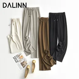 Damen-Hosen, Caprihosen, Damen-Hose mit weitem Bein, elastische Taille, lässiger Stil, plissierte Ganzkörperhose, schicke Frühlings- und Sommerhose, Schwarz DALINN 230512