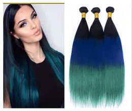 1B Blue Teal Ombre Brazilian Hair Weave Dark Roots Three Tone Colored Human Hair Extensions Straight Virgin Ombre Hair Bundles 3P3886374