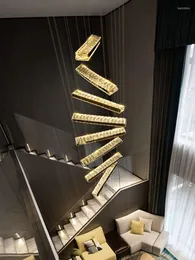 샹들리에 현대 회전 계단 LED 샹들리에 조명 K9 크리스탈 고급 골든 스테인레스 스틸 매달이 램프 홈 팔러 로프트 조명기구