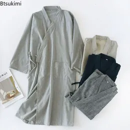 Men's Robes Men's Casual Cotton Line Pajamas Solid Soft Sleepwear Male Bath Robe Japanese Kimono Cotton Nightgown Home Clothes Men 230512