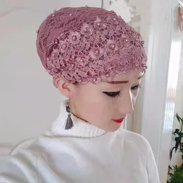 Fashion Women Beading Foral Lace Turban Cps Breathable Summer Muslim Hats Female Headscarf Bonnet Hair Loss Head Cover Caps