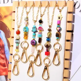 Chains Wholesale Gold Color Metal Key Holder Chain Stone Beaded Keychain Lanyard Anti-lost Keyring Neck Strap Necklace Gifts
