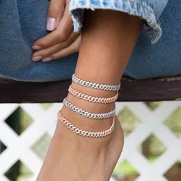 Anklets Hip Hop Iced Out Sparkling Cubic Zirconia Paving 6.5mm Miami Curb Cuban Link Chain Leg Ankle Women's Fashion Jewelry 230512