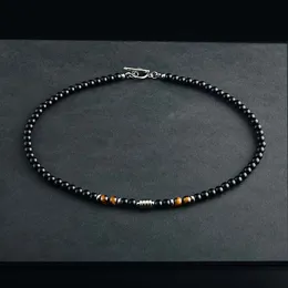 Stainless Steel Men Tiger Eye Stone Map Stone Strand Beaded Necklace Hip Hop Personality Fashion Men's Chain Popular Jewelry
