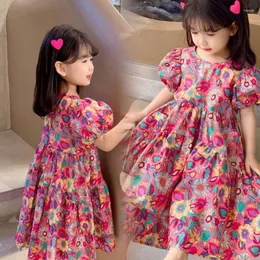 Flickaklänningar Girls 'Floral Dress Short Sleeve 2023 Summer Girls Korean Loose Casual Children's Fashionable Princess Baby