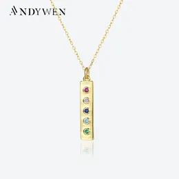 Andywen 925 Sterling Silver Gold Long Square Rainbow CZ Pendant Choker Necklace Winter 2022女性ロックパンクファインジュエリーギフト
