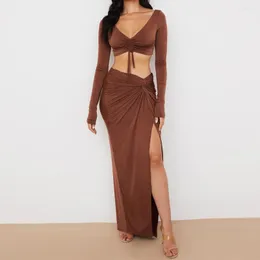 Casual Dresses Stretch Sexy V Neck Long Sleeve Drawstring Split spets upp Ruched Ankel längd Maxi klänning Cooktail Brown