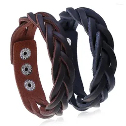 Charm Bracelets Vintage Design Leather Bracelet Men Type Knit Pattern Accessories Wrist Bangle Three Buckle Clasp Size Adjustable For Boy