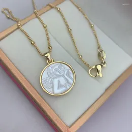 Pendant Necklaces Cute Angel Necklace For Women Natural Mother Pearl Shell Round Coin Cupid Neck Chain Jewelry Gifts