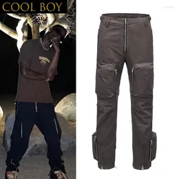 Calça masculina e garoto muiti-pockets de cordão de cordão altos de rua high street retro retro casual de grande tamanho de cargo safari calças soltas