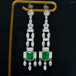Dangle Earrings Vintage 925 Sterling Silver Earring Emerald Created Moissanite Gemstone Long Ladies Studs Fine Jewelry Gift
