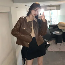 Women's Jackets Tonngirls Autumn Women Faux Leather Coat Long Sleeve O-neck Single Breasted Ladies Pu Jacket Korean Style Streetwear Casual