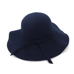Fashion Women Lady Wide Brim Wool Felt Fedora Floppy Hats Vintage Female Girl Round Fedoras Cloche Cap Trilby Bowler Hat223T