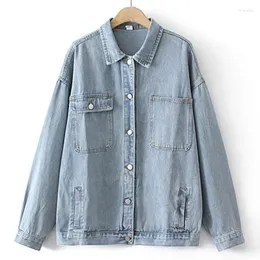 Ytterkläder plus storlek Jean Jackets för kvinnor Kläder Löst Pocket Denim Coat Casual Solid Color Long Sleeve Light Blue Outwear Autumn 2023