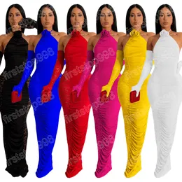 Vestido elegante de retalhos de renda de renda ruched Maxi Night Party Dress com luvas 3D Flower Lace Up Halter Backless Long Robe