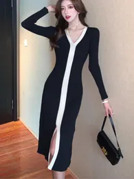 Casual Dresses Winter V-neck Dress Women Urban Over Hips Knitted Knee-length Slit Stitching Slim Split Long Sleeve Knitting Bottom