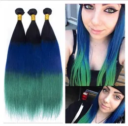 Malaysian 1B Blue Teal Ombre Hair Weave Dark Roots Three Tone Colored Human Hair Extensions Straight Virgin Ombre Hair Bundles 3P8453760