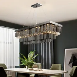 Pendelleuchten Schwarzer moderner Kristall-Kronleuchter für Esszimmer Rechteckige Kücheninsel Smoky Gary Cristal Lampe Luxus-Wohnkultur zum Aufhängen