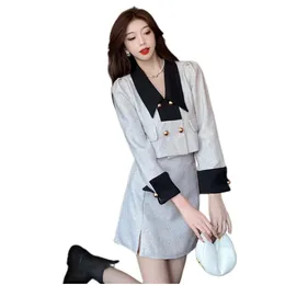 Women's color block 2 pc dress set turn down collar double breasted jacket and short a-line skirt twinset SMLXL