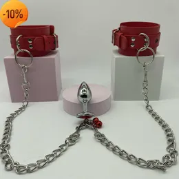 Massage Slave Bondage Sexy Adjustable Leather Handcuffs with Metal Chain Anal Bead Plug for Couples Bdsm Adults Sex Games Erotic Set