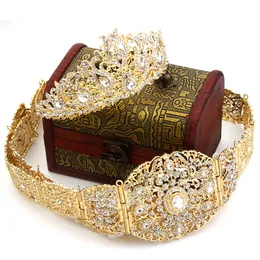 Midjekedjebälten Sunspicems Gold Algeriet Marocko Crown Bridal Wedding Jewelry Arab Women's Body Chain Tiaras All Crystal Caftan Bijoux 230512