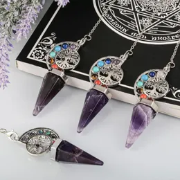 Anhänger Halsketten Heilung 7 Chakra Stein Perlen Natürlicher Kristall Baum des Lebens Punkt Pendel für Wahrsagerei Reiki ChainPendant