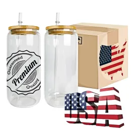 US CA Warehouse 16oz Sublimation Glass Beer Mugs with Bamboo Lid Straw DIY Blanks Frosted Clear Can Shaped Tumblers Cups Heat Transfer bb0515