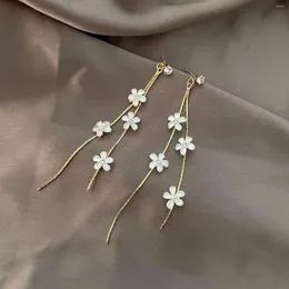 Dangle Earrings White Tiny Flower Crystal Zircon Long Double Tassel For Women Resin Leaf Butterfly Daisy Pearl Earring Jewelry
