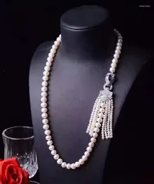 Kedjor Fashion Jewelry Micro Inlaid Zircon Leopard Head-tillbehör 8-9mm White Freshwater Pearl Tassel Pendant Halsband 65 cm lång