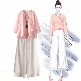 女性のブラウス中国語スタイルのハンフは女性のための女性レトロビンテージの服民族カジュアルワイドレッグパンツ衣料皮のスーツ