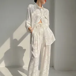 Women's Two Piece Pants Customized Rayon Jacquard Suit Street Style Women's Square Collar ShirtWide Leg Pants Fashion Loose High-End Two-Piece Set S-L 230515