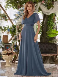 Party Dresses Elegant Evening Long A-Line Short Sleeve V-Neck golvlängd 2023 Ever Pretty of Chiffon Simple Bridesmaid Women Dress