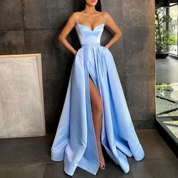 Party Dresses Vestidos De Gala Satin Evening With Pockets 2023 Sky Blue Side Slit Prom Gown Formatura Dress Robe Soiree YSAN825