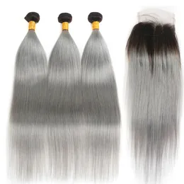 Brazilian Grey Hair Weave 3 Bundles With Lace Closure Silver Grey Ombre Hair Extensions With Closure 1B Grey Silky Straight