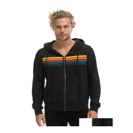 Herrtröjor tröjor Men039S Rainbow Stripe Lång ärm Sweatshirt blixtlås Pocket Coat Spring Autumn Casual Fashion Jacket9474 OTE0N