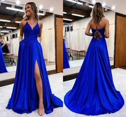 Sexy Royla Blue A Line Prom Dresses Lungo per le donne Cinghie senza spalline High Side Split Pieghe Abito da sera drappeggiato Formale Compleanno Spettacolo Celebrità Abito da sera Personalizzato