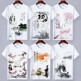 メンズTシャツ中国の風景フリーハンドブラシワークスプラッシュインクインクペインティング芸術的な男性と女性Tシャツ服ボトムシャツ