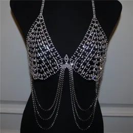 Paski łańcucha talii moda błyszcząca bikini siatka łańcuch nadwozia bra biżuteria damska wielowarstwowa multierowa łańcuch klatki piersiowej nocna biżuteria 230512