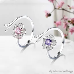 Band Rings Women's Fashion Cute Sakura Flower Rings Charm Cubic Ziron Stone Prong Setting Simple Style Romantic Open Ring Jewelry Accessory