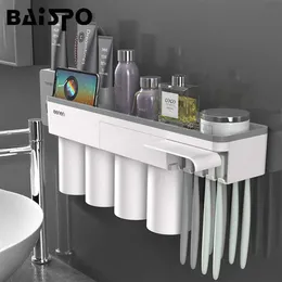 BAISPO Magnetic Adsorption Toothbrush Holder With 4 Cups Wall Mounted Bathroom Storage Rack Case Bathroom Accessories Set SH190919242A