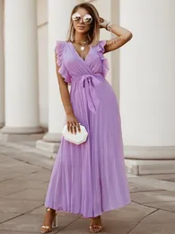 الفساتين غير الرسمية Msfilia Women V الرقبة الكشكشة الأكمام الصلبة لون خط عالي الخصر فستان طويل غير رسمي للأزياء 230515