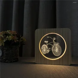 야간 조명 자전거 모양 3D LED 아릴 릭 나무 램프 테이블 조명 스위치 제어 어린이를위한 조각 학교 선물로 돌아갑니다.