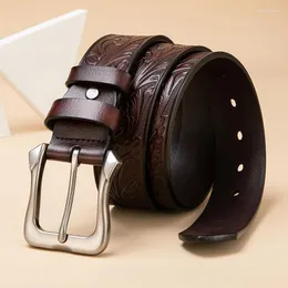 Belts Bison Denim Vintage Cowhide Genuine Leather Belt Men Pin Buckle Male Carved Pattern Waist Strap And Gift Box